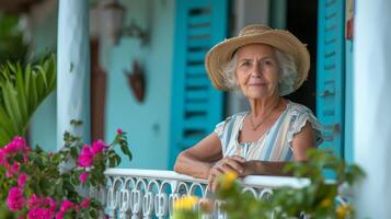 AI generated An elderly woman in a wicker Panama hat and a striped sundress stands on the porch of a classic white house photo