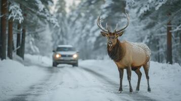 ai generado un alce es horneando el la carretera Derecha en frente de el coche. invierno foto