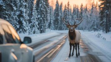 ai generado un alce es horneando el la carretera Derecha en frente de el coche. invierno foto