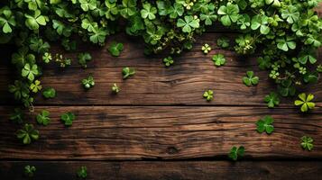 AI generated Green St. patricks day decorations on wooden background photo