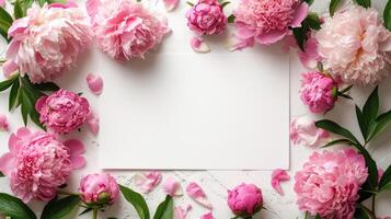 AI generated Blank white sheet. Around it is a frame of pink peonies. Minimalistic bright background photo