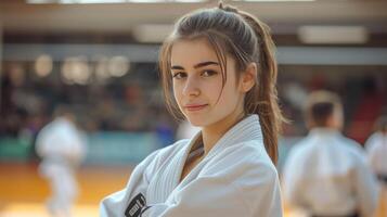ai generado hermosa joven hembra judoka posando a el campeonato y mirando a el cámara foto