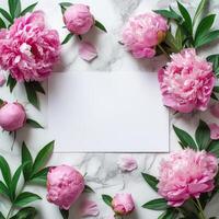 AI generated Blank white sheet. Around it is a frame of pink peonies. Minimalistic bright background photo