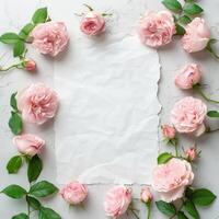 AI generated Blank white sheet. Around it is a frame of pink peonies. Minimalistic bright background photo