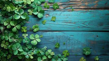 AI generated Green St. patricks day decorations on wooden background photo