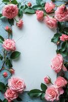 AI generated Blank white sheet. Around it is a frame of pink peonies. Minimalistic bright background photo
