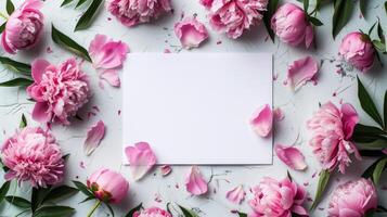 AI generated Blank white sheet. Around it is a frame of pink peonies. Minimalistic bright background photo