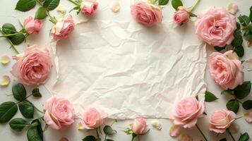 ai generado blanco blanco hoja. alrededor eso es un marco de rosado peonias minimalista brillante antecedentes foto