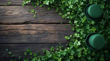 AI generated Green St. patricks day decorations on wooden background photo