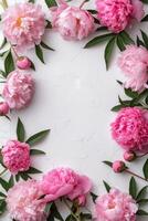 AI generated Blank white sheet. Around it is a frame of pink peonies. Minimalistic bright background photo