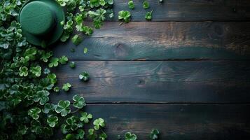 AI generated Green St. patricks day decorations on wooden background photo