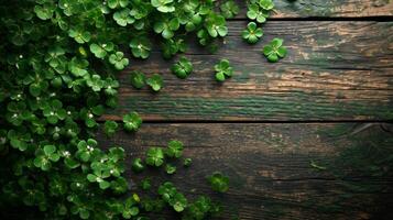 AI generated Green St. patricks day decorations on wooden background photo