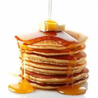 AI generated Tall stack of thick pancakes with honey isolated photo