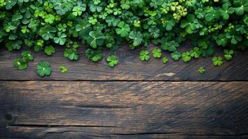 AI generated Green St. patricks day decorations on wooden background photo