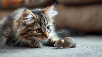 AI generated Cute fluffy cat playing with little mouse photo