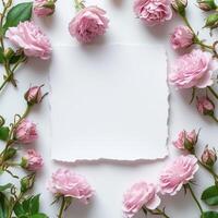 AI generated Blank white sheet. Around it is a frame of pink peonies. Minimalistic bright background photo