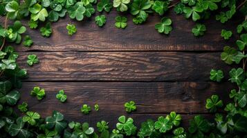 AI generated Green St. patricks day decorations on wooden background photo