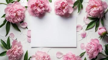 AI generated Blank white sheet. Around it is a frame of pink peonies. Minimalistic bright background photo