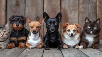 AI generated Many different dogs and cats sit in a row and look at the camera photo