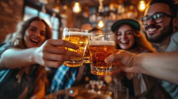 ai generado contento amigos aplausos bebidas lentes en bar restaurante foto