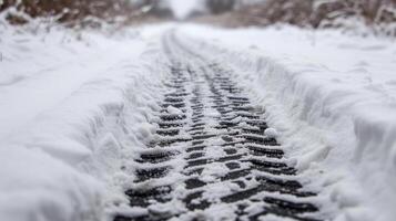 AI generated Long brake mark from a car in the snow photo