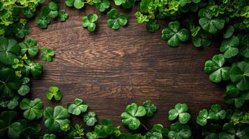 AI generated Green St. patricks day decorations on wooden background photo