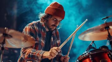 AI generated Handsome brutal drummer playing drums at a concert photo