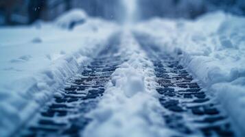 ai generado largo freno marca desde un coche en el nieve foto