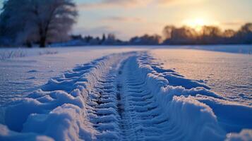 AI generated Long brake mark from a car in the snow photo