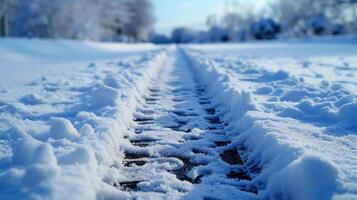AI generated Long brake mark from a car in the snow photo