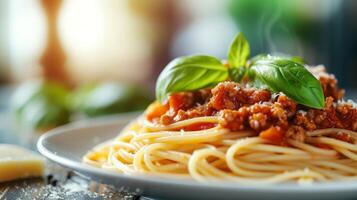 AI generated Pasta with tomato sauce, minced meat, basil leaf on top. Blurred background of an expensive restaurant behind photo