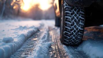 AI generated Long brake mark from a car in the snow photo