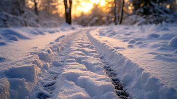 AI generated Long brake mark from a car in the snow photo