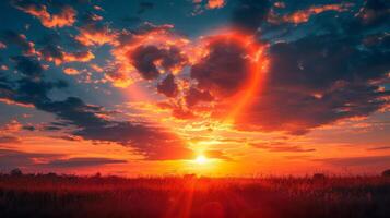 ai generado hermosa brillante puesta de sol con corazón conformado nube foto
