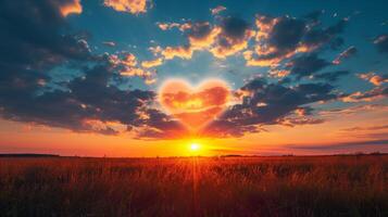 ai generado hermosa brillante puesta de sol con corazón conformado nube foto