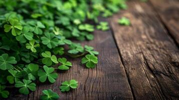 AI generated Green St. patricks day decorations on wooden background photo