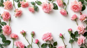 AI generated Blank white sheet. Around it is a frame of pink peonies. Minimalistic bright background photo