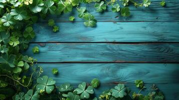 AI generated Green St. patricks day decorations on wooden background photo