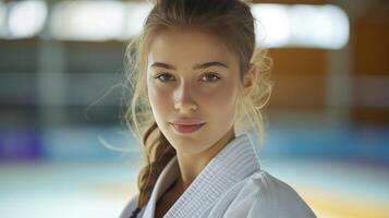 ai generado hermosa joven hembra judoka posando a el campeonato y mirando a el cámara foto