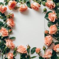 AI generated Blank white sheet. Around it is a frame of pink peonies. Minimalistic bright background photo