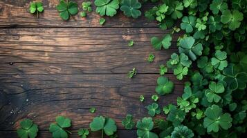 AI generated Green St. patricks day decorations on wooden background photo