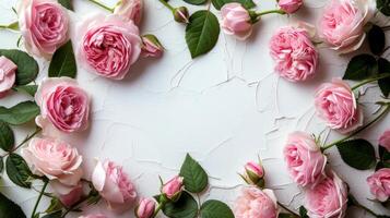 AI generated Blank white sheet. Around it is a frame of pink peonies. Minimalistic bright background photo