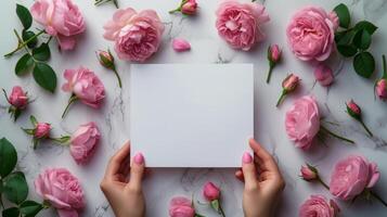 AI generated Blank white sheet. Around it is a frame of pink peonies. Minimalistic bright background photo