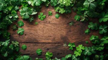 AI generated Green St. patricks day decorations on wooden background photo