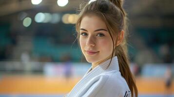 ai generado hermosa joven hembra judoka posando a el campeonato y mirando a el cámara foto