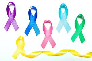 World cancer day background. Colorful ribbons, cancer awareness photo