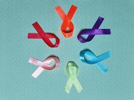 mundo cáncer día. vistoso cintas, cáncer conciencia, azul antecedentes. internacional agencia para investigación en cáncer foto