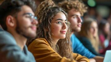 AI generated Young cute students are watching something on a laptop together photo