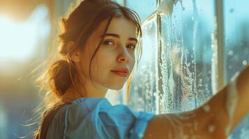 AI generated Young pretty woman in a blue dress washes a window photo