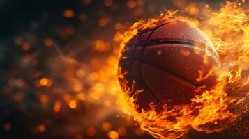 ai generado un baloncesto pelota en fuego en un negro antecedentes en el Derecha foto